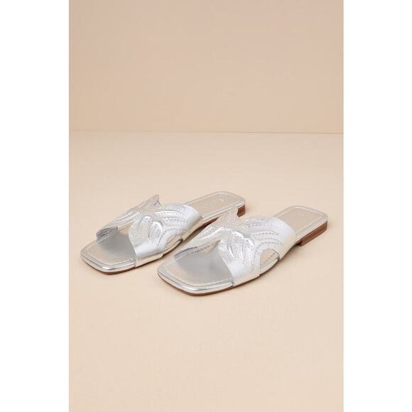 Seychelles Madhu Silver Metallic Leather Flat Slide Sandals - Picture 2 of 5
